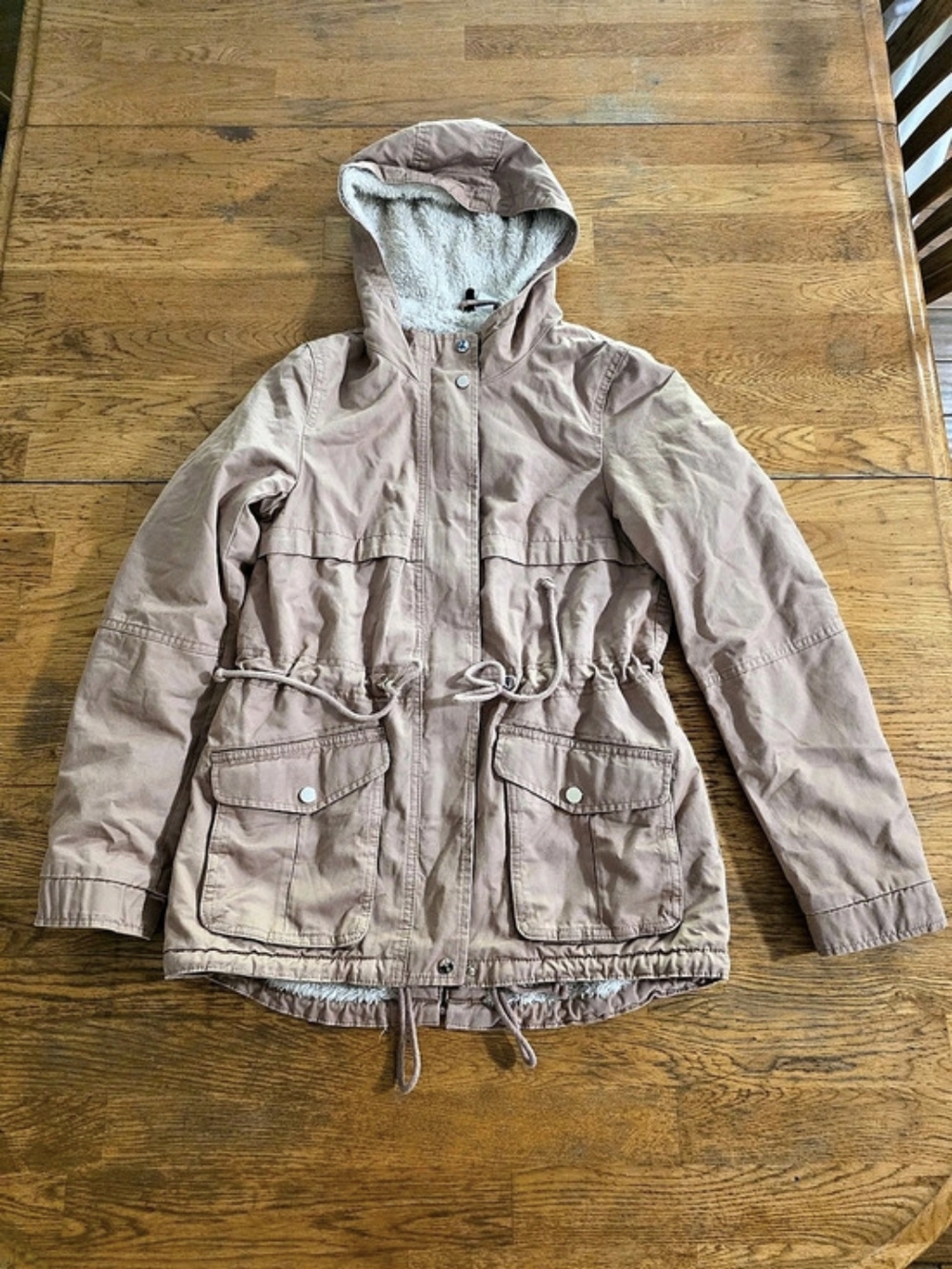 Utility Chore Cotton Cinched Waist Hooded Faux Fur Lined Light Brown Jacket